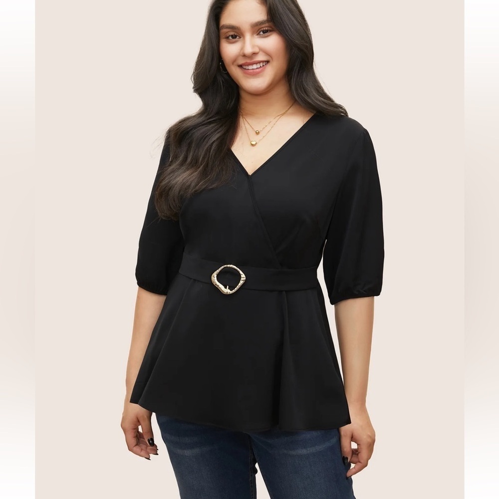 BloomChic Plus Size  Plain Elastic Waist Buckle Detail Wrap Blouse